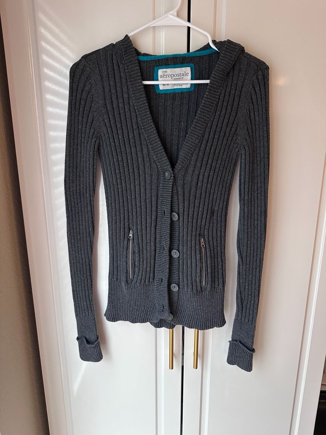 Aeropostale Ribbed Knit Hooded Cardigan Size M Gray Button Zip Pockets 2