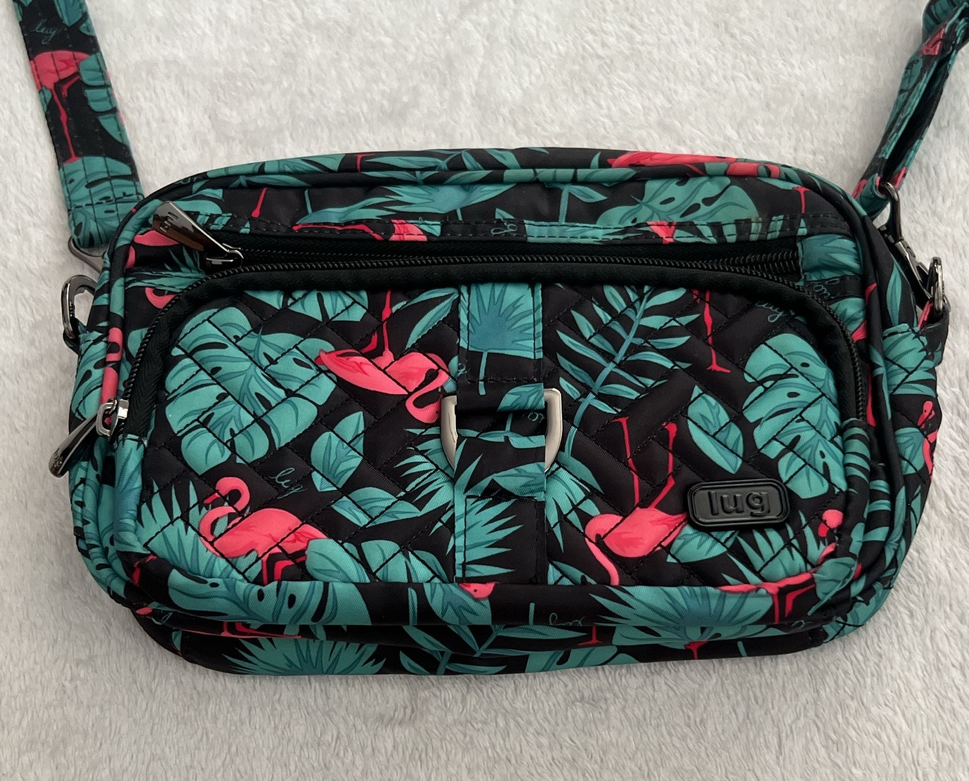 Lug Carousel Crossbody Bag Flamingo Black Tropical Quilted 2