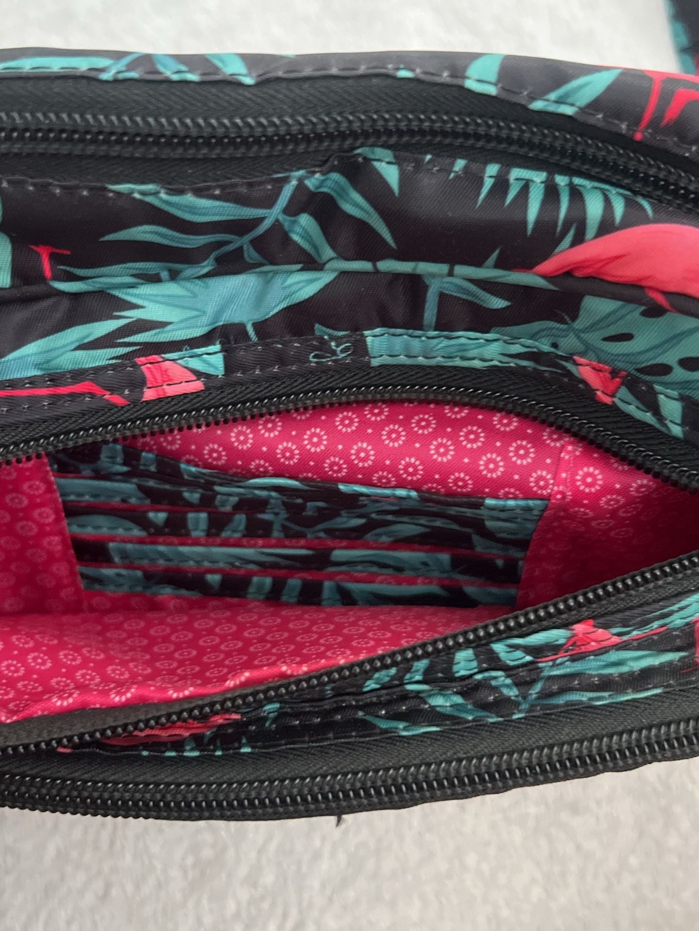 Lug Carousel Crossbody Bag Flamingo Black Tropical Quilted 5