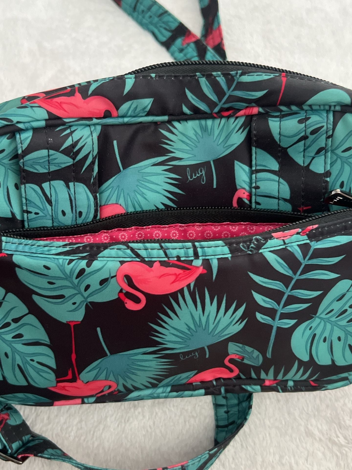 Lug Carousel Crossbody Bag Flamingo Black Tropical Quilted 8
