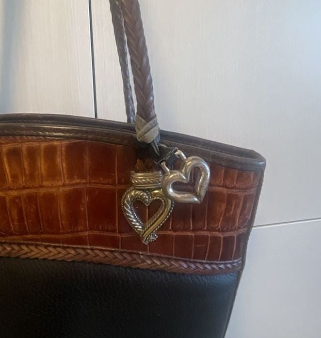 Brighton Leather Shoulder Bag Black Brown Croco Embossed Heart 3