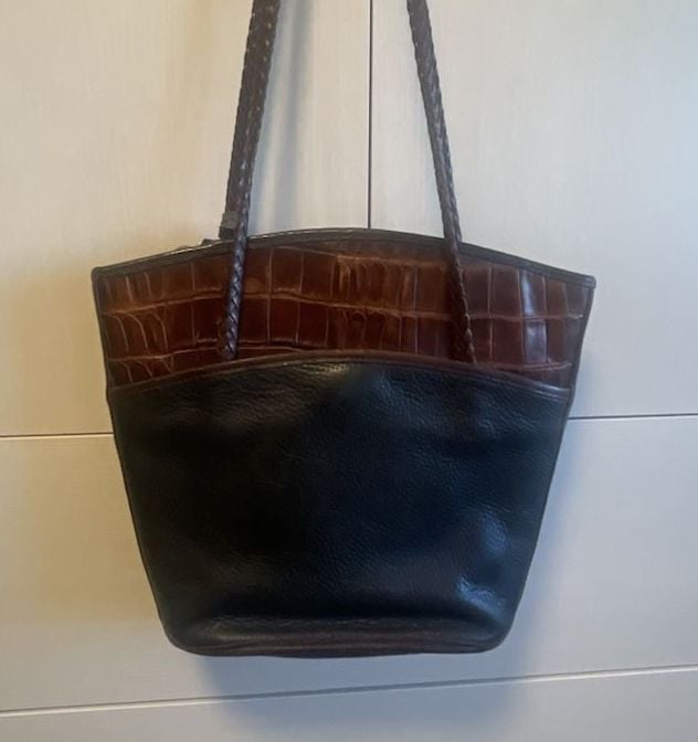 Brighton Leather Shoulder Bag Black Brown Croco Embossed Heart 4