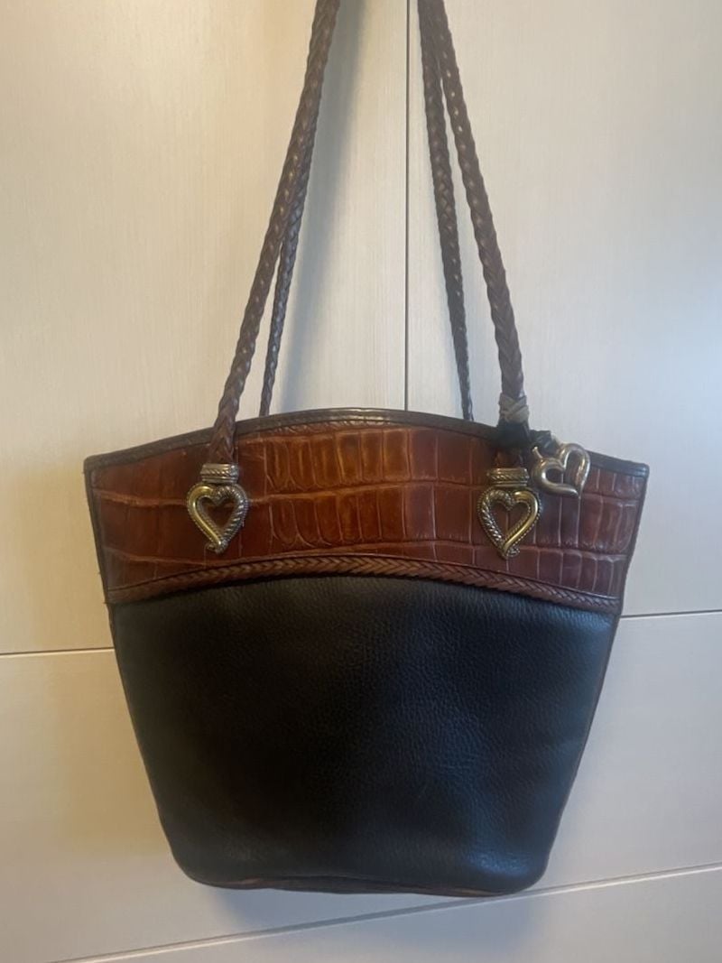 Brighton Leather Shoulder Bag Black Brown Croco Embossed Heart 2