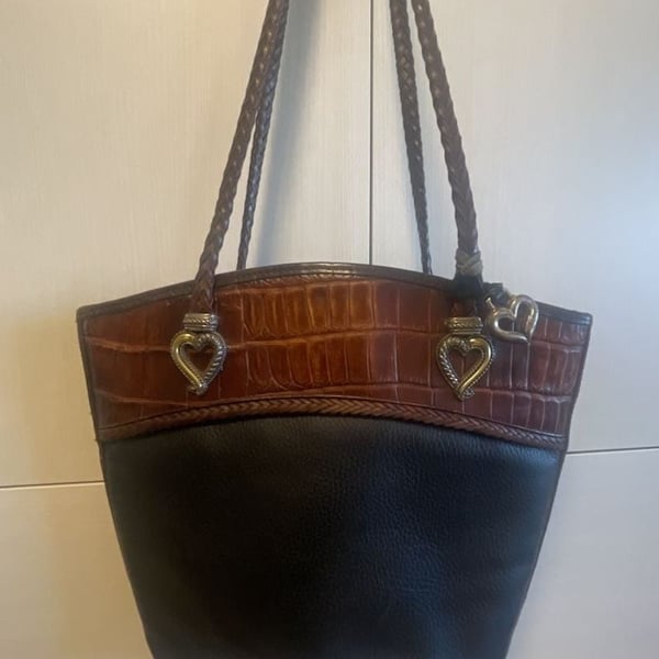 Brighton Leather Shoulder Bag Black Brown Croco Embossed Heart