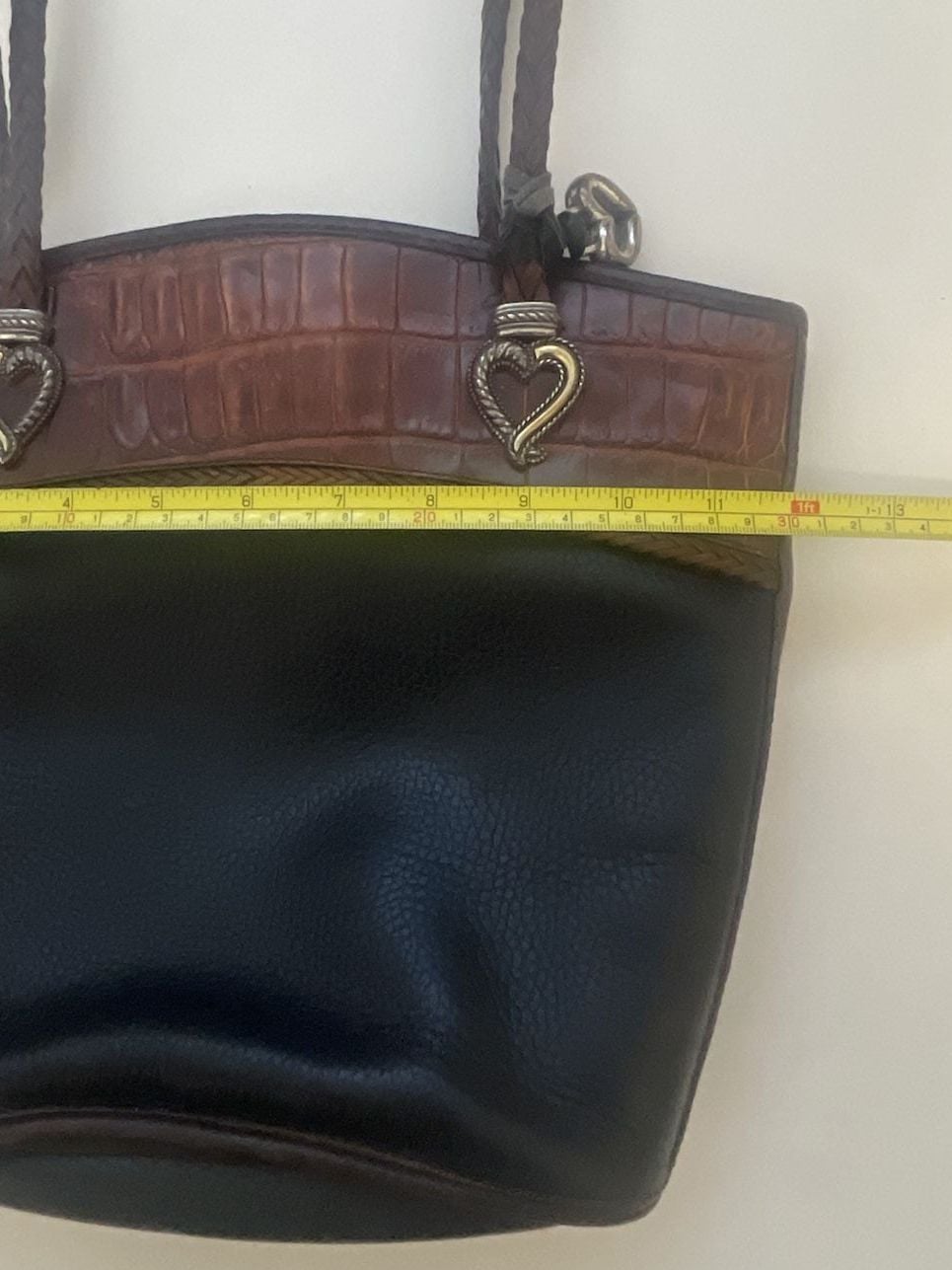 Brighton Leather Shoulder Bag Black Brown Croco Embossed Heart 7