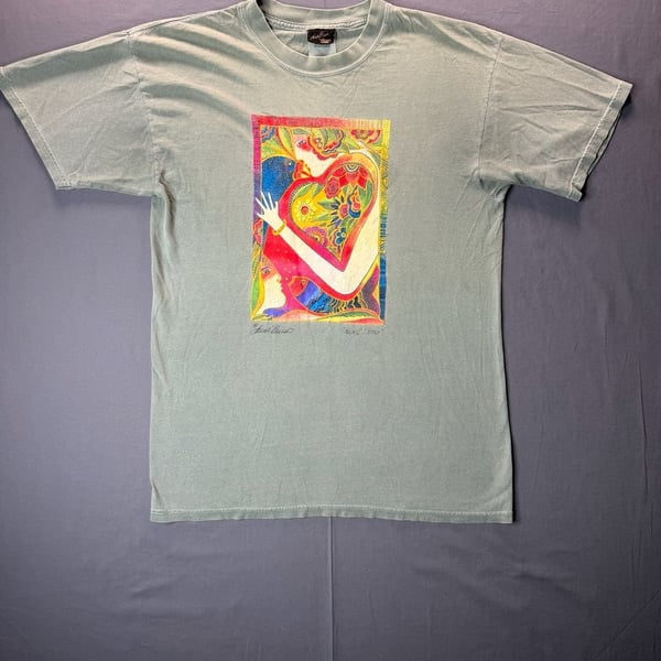Laurel Burch Heart Song Art T-Shirt Size L Green Cotton Graphic Tee
