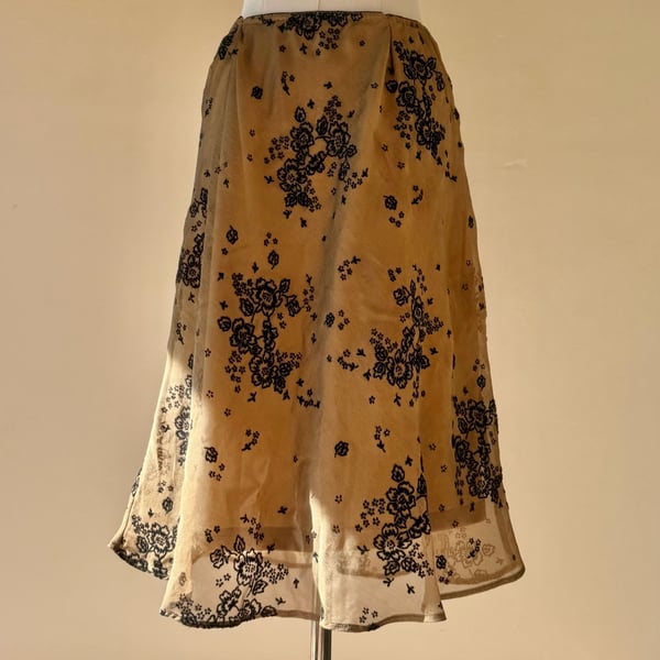 Floral Skirt Brown with Black and Gold Embroidered  Mesh
