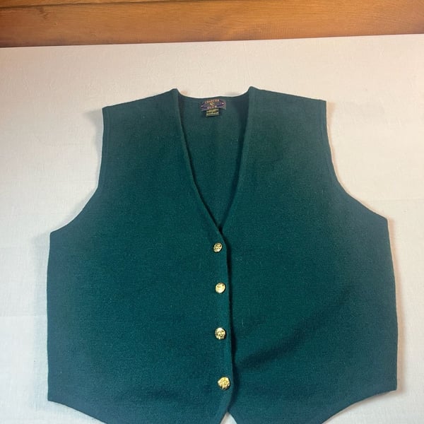Charter Club Wool Vest LargeGreen Gold Buttons Bow Back Dark Acadamia