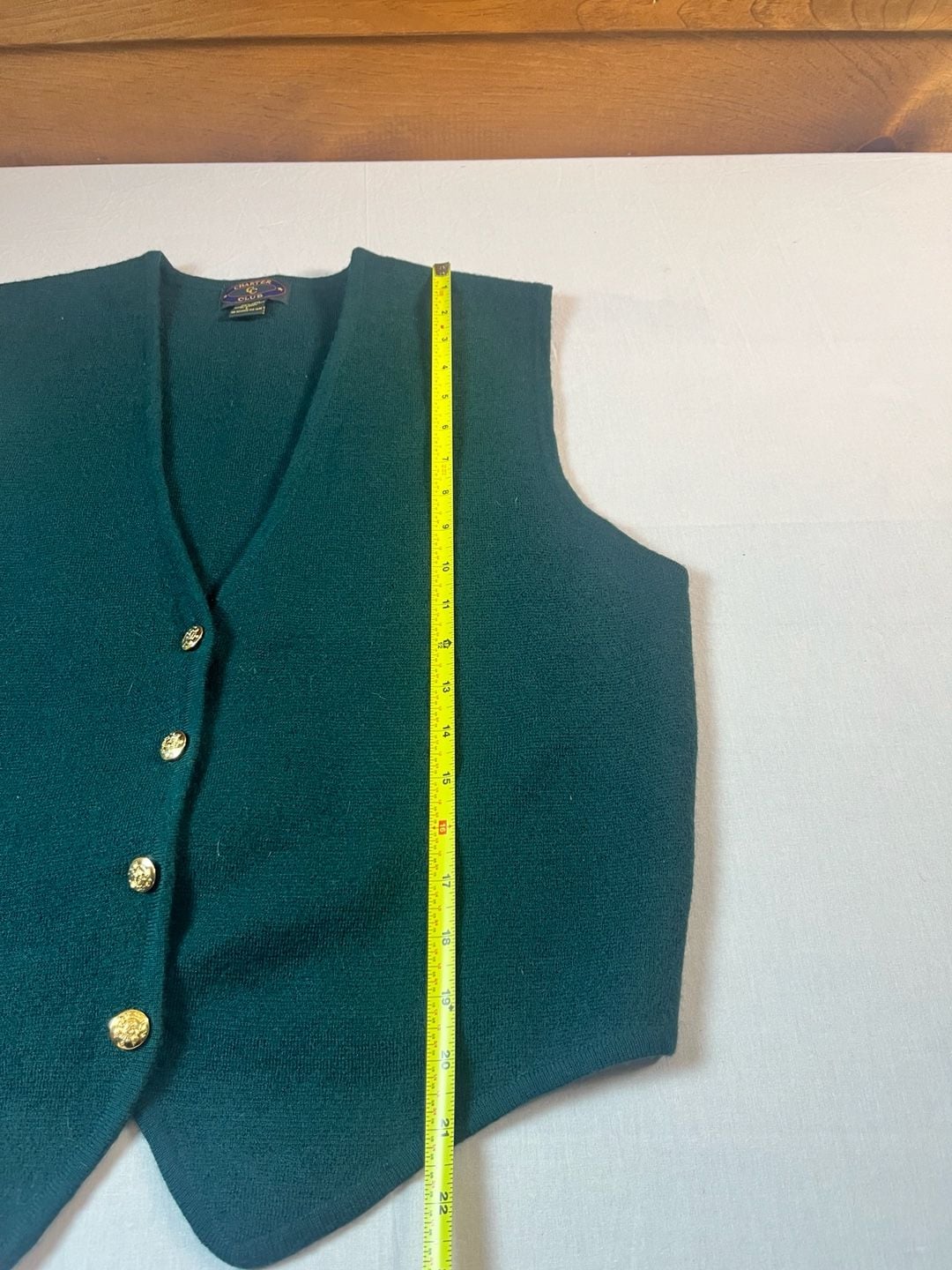 Charter Club Wool Vest LargeGreen Gold Buttons Bow Back Dark Acadamia 7