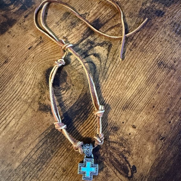 Unbranded Sterling Silver 925 Turquoise Cross Leather Cord Necklace