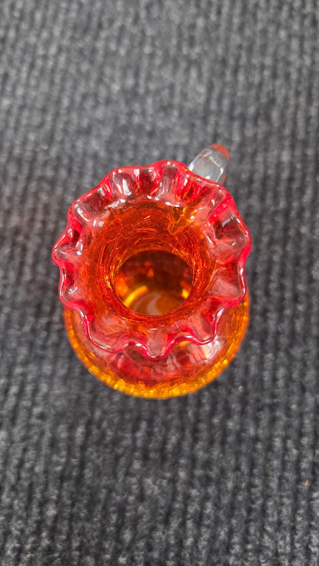 Vintage Amberina Orange Crackle Glass Pitcher Vase Ruffled Edge 5