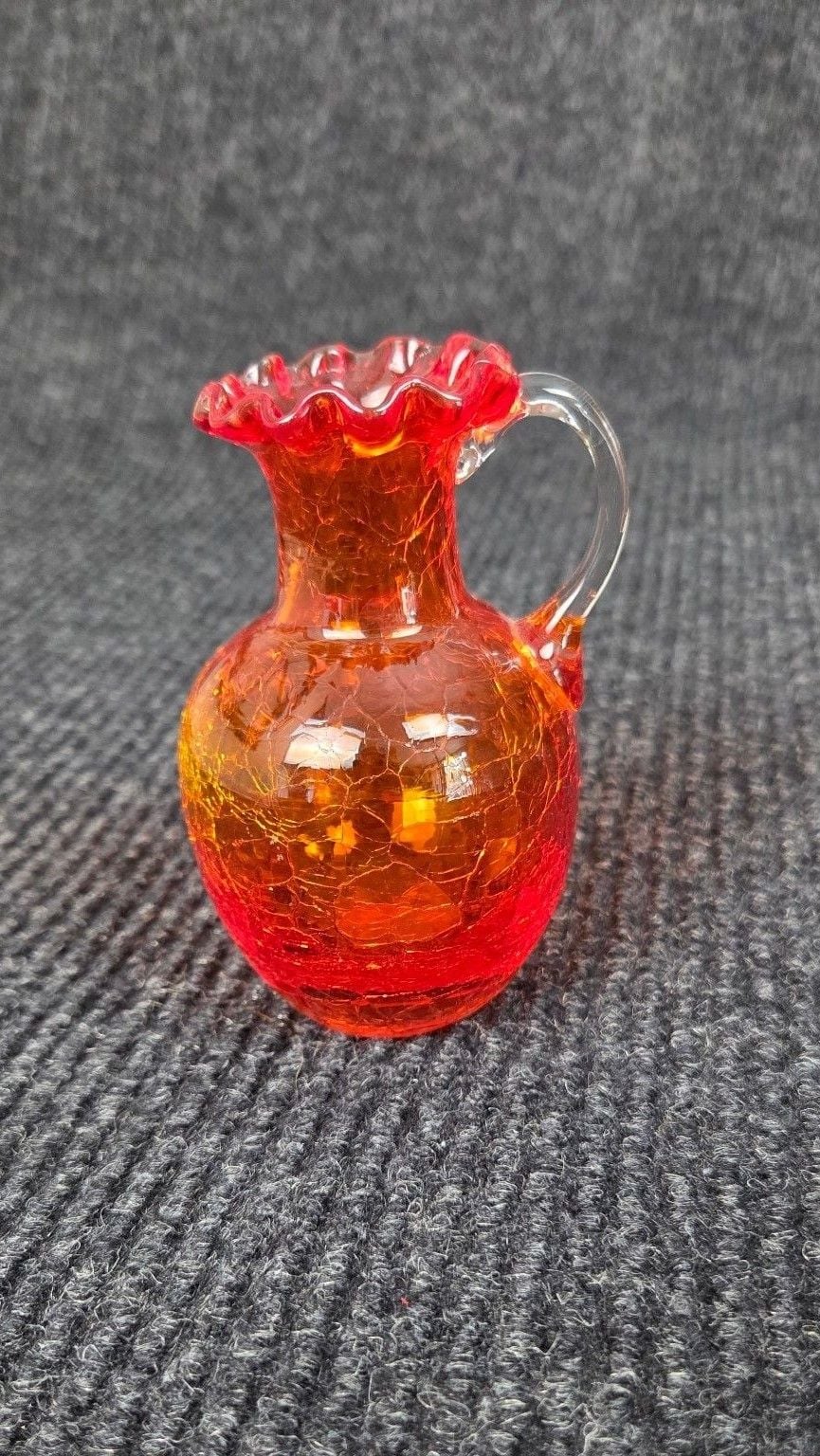 Vintage Amberina Orange Crackle Glass Pitcher Vase Ruffled Edge 1