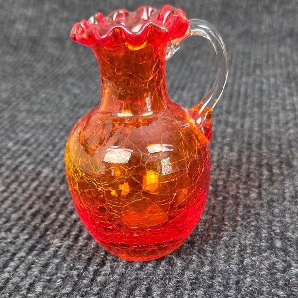 Vintage Amberina Orange Crackle Glass Pitcher Vase Ruffled Edge