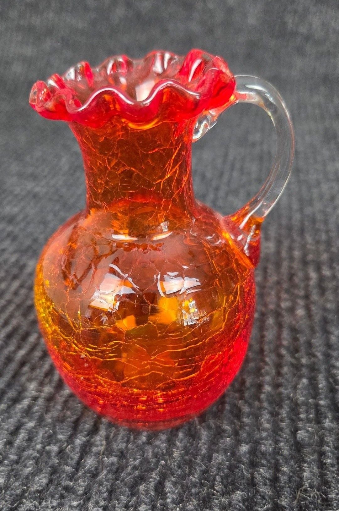 Vintage Amberina Orange Crackle Glass Pitcher Vase Ruffled Edge 2