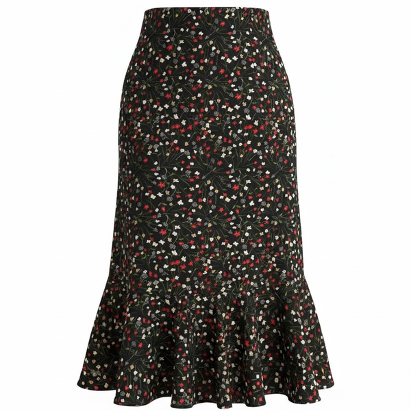 Sag Harbor Floral Midi Skirt Size 18 Ruffle Hem Black