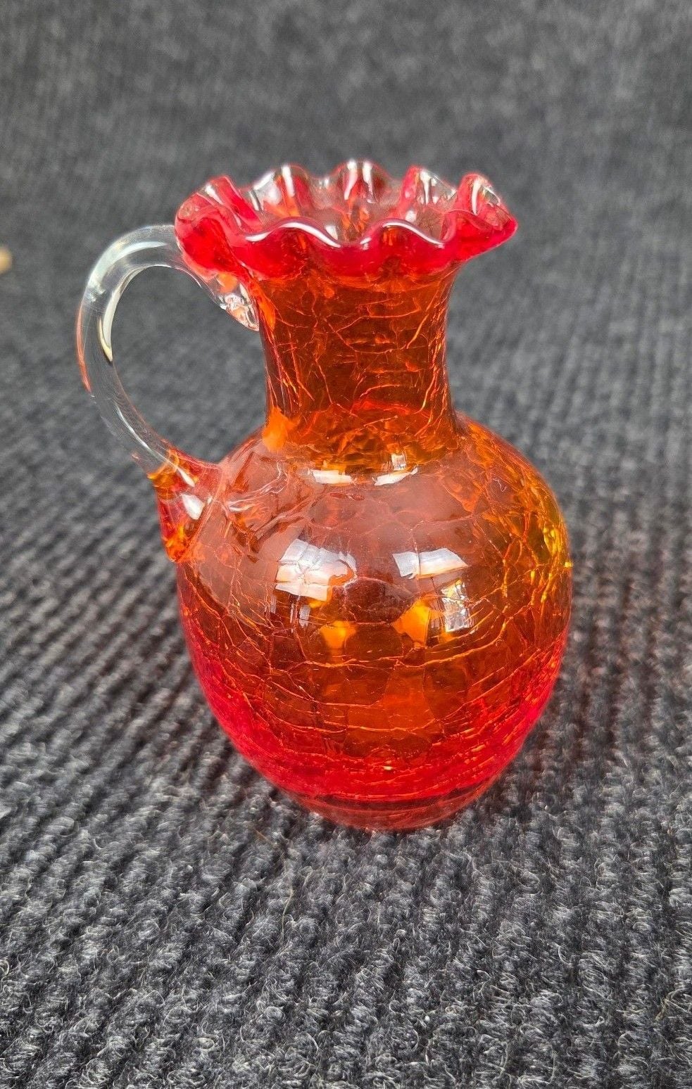 Vintage Amberina Orange Crackle Glass Pitcher Vase Ruffled Edge 3