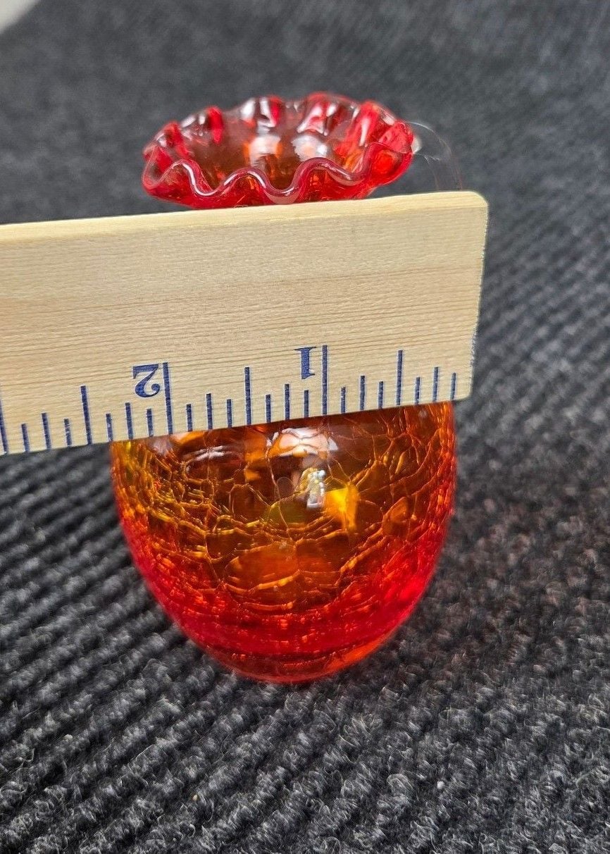 Vintage Amberina Orange Crackle Glass Pitcher Vase Ruffled Edge 7