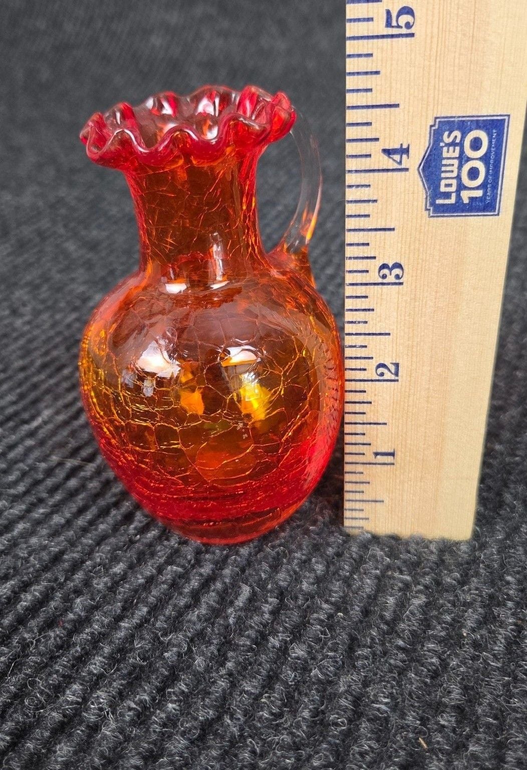 Vintage Amberina Orange Crackle Glass Pitcher Vase Ruffled Edge 6