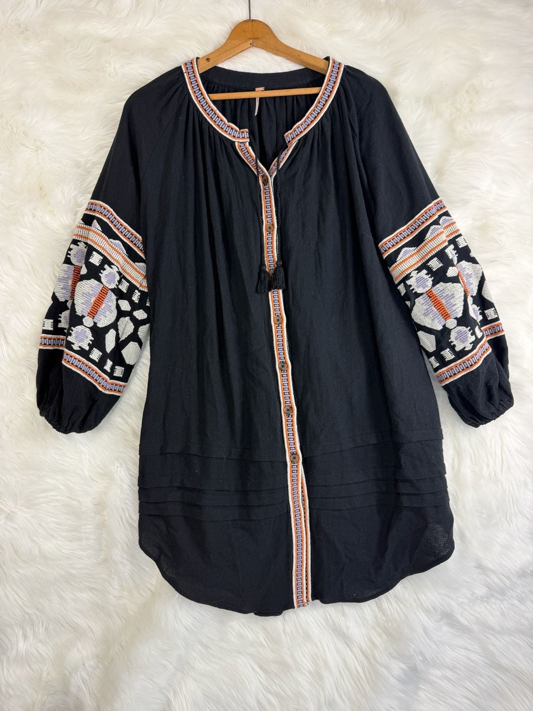 Free People Dress Size S Black Embroidered Boho Kaftan Tunic 2