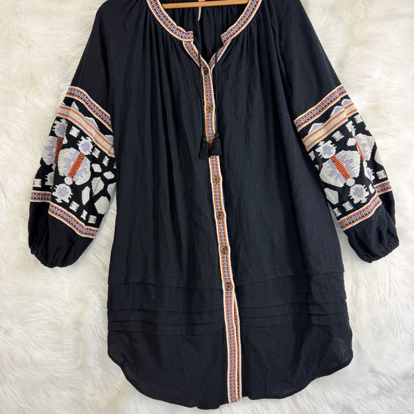 Free People Dress Size S Black Embroidered Boho Kaftan Tunic