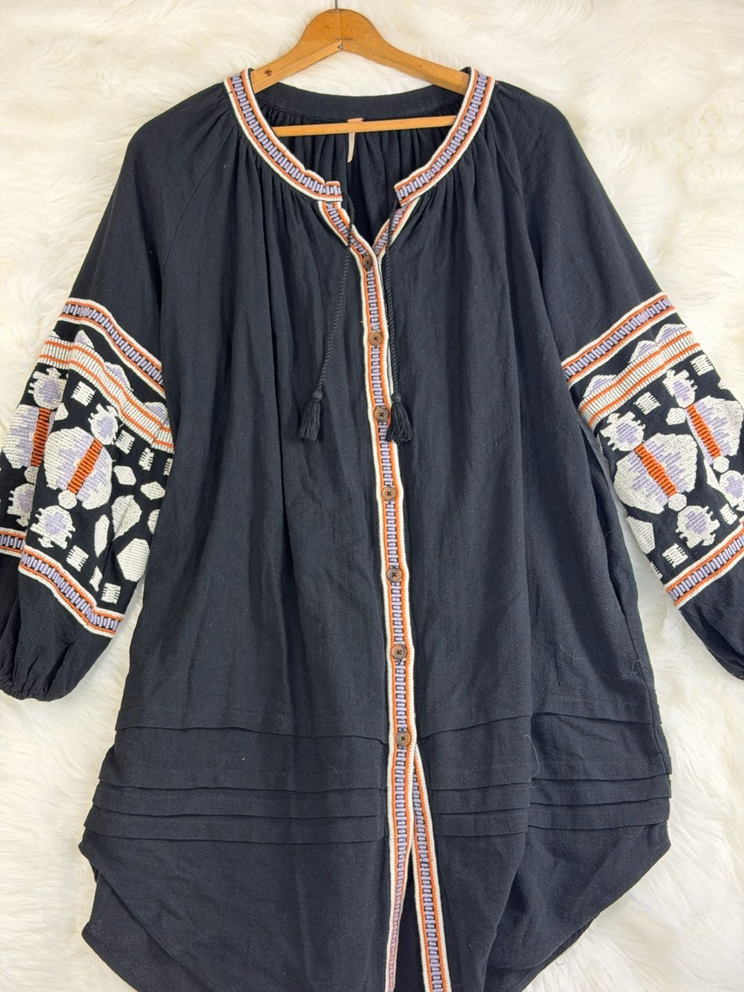 Free People Dress Size S Black Embroidered Boho Kaftan Tunic 8