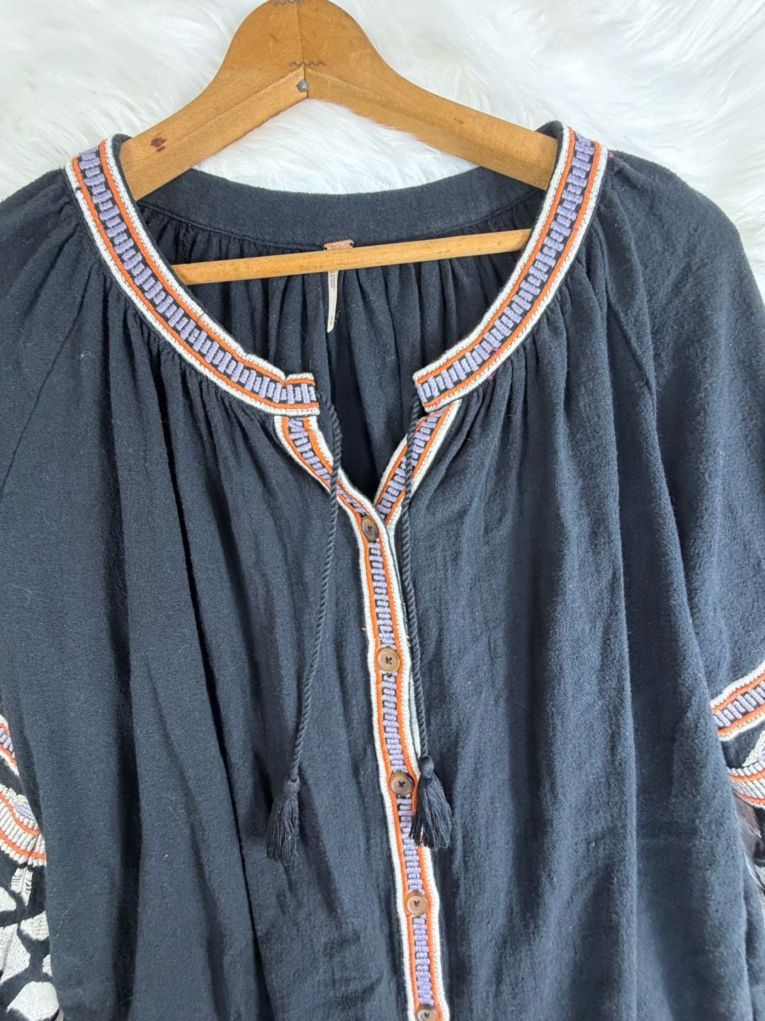 Free People Dress Size S Black Embroidered Boho Kaftan Tunic 9