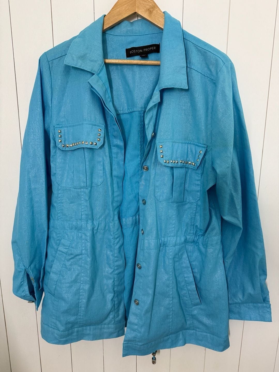 Boston Proper Jacket Size XL Blue Studded Linen Blend 2