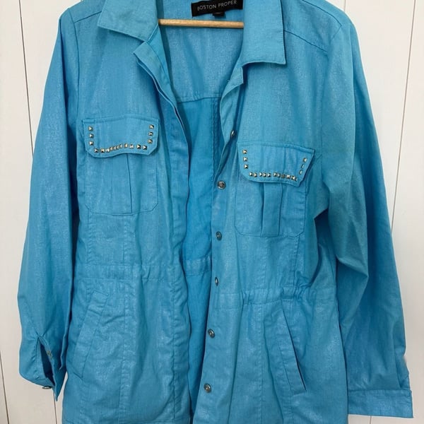 Boston Proper Jacket Size XL Blue Studded Linen Blend