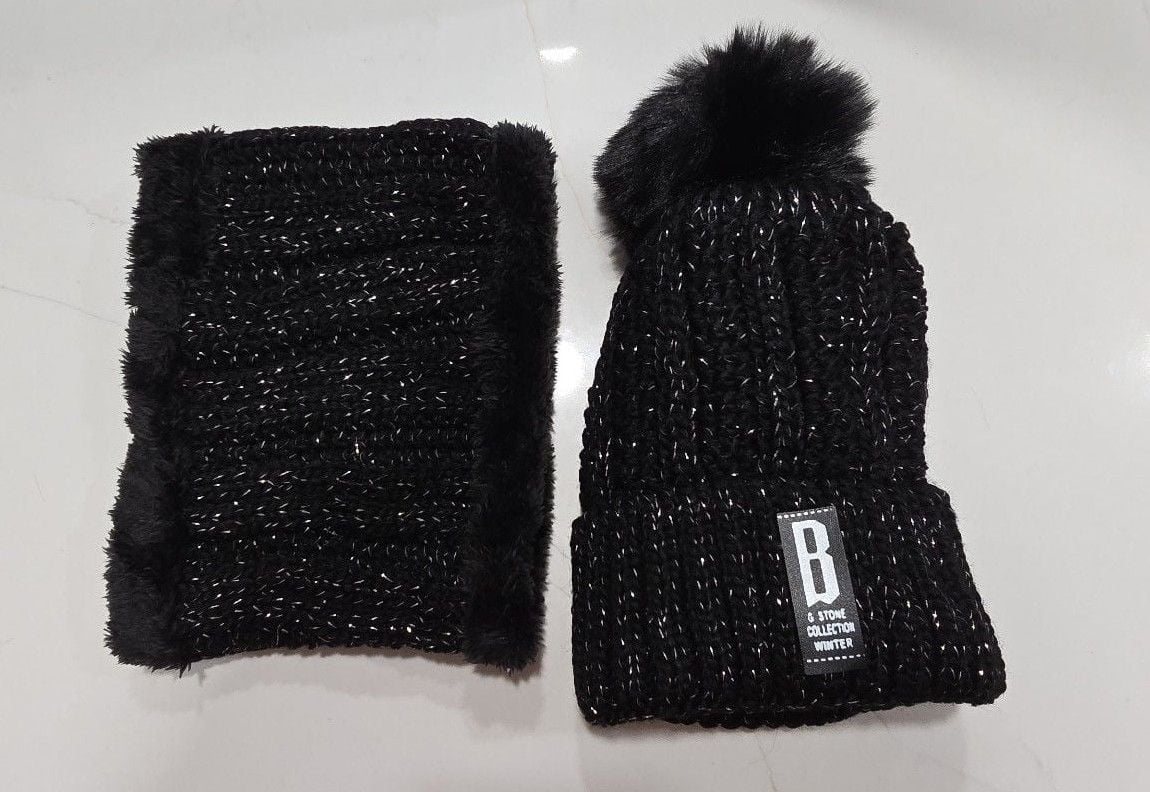 knit beanie with a faux-fur pom-pom and a matching neck gaiter scarf set 1