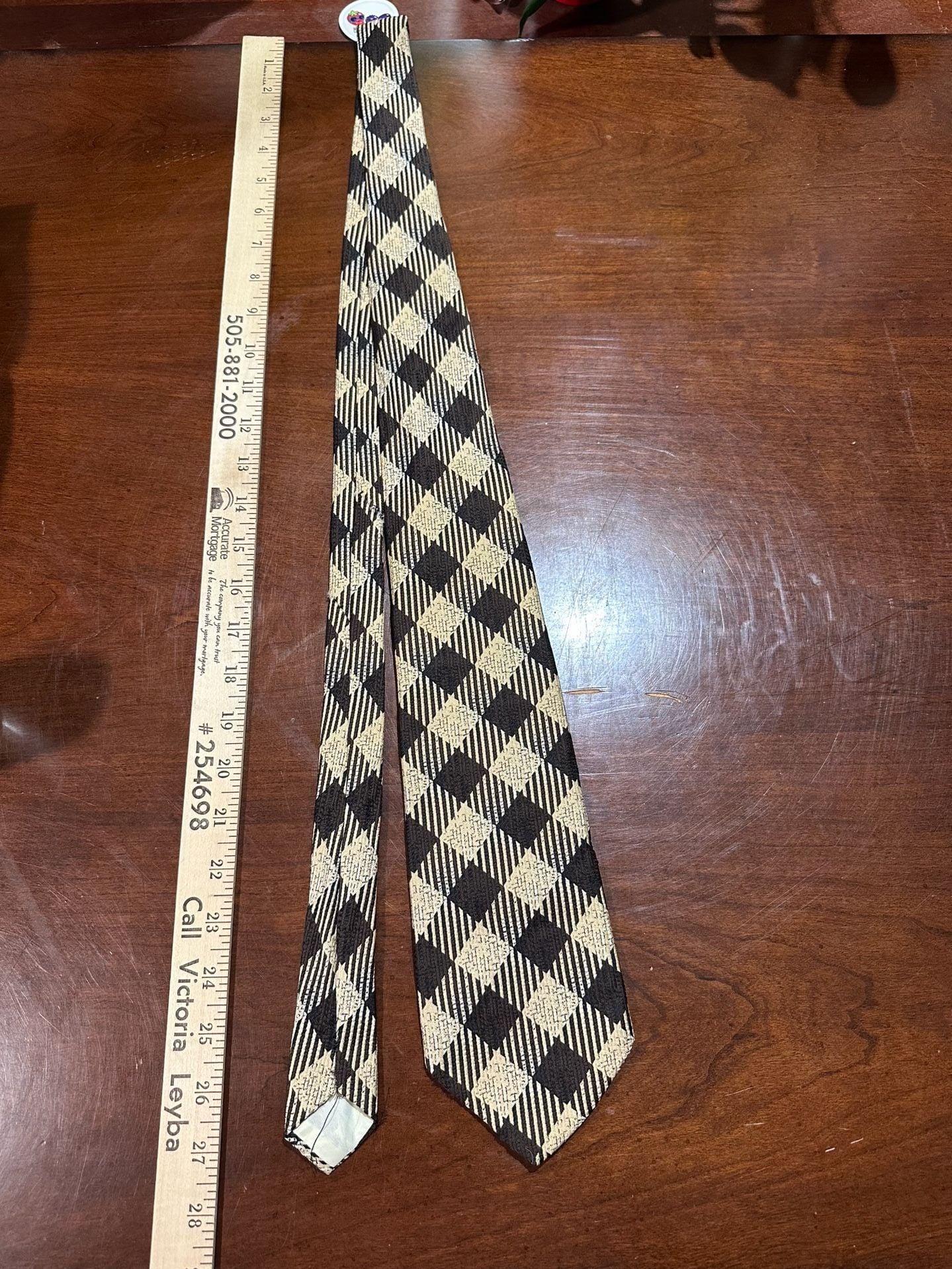 Qiana Necktie Brown Beige Diamond Check Pattern Vintage 1