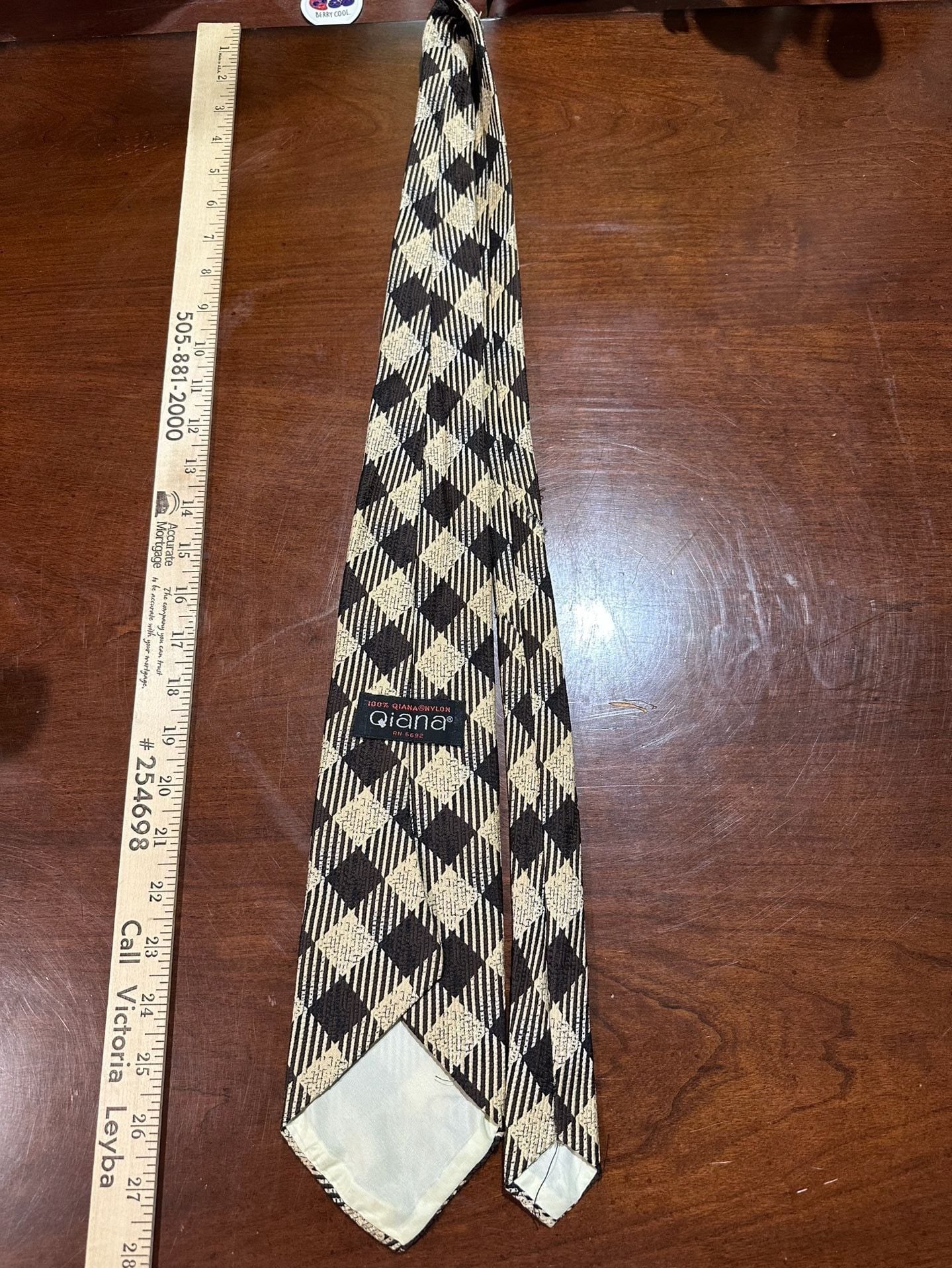 Qiana Necktie Brown Beige Diamond Check Pattern Vintage 2