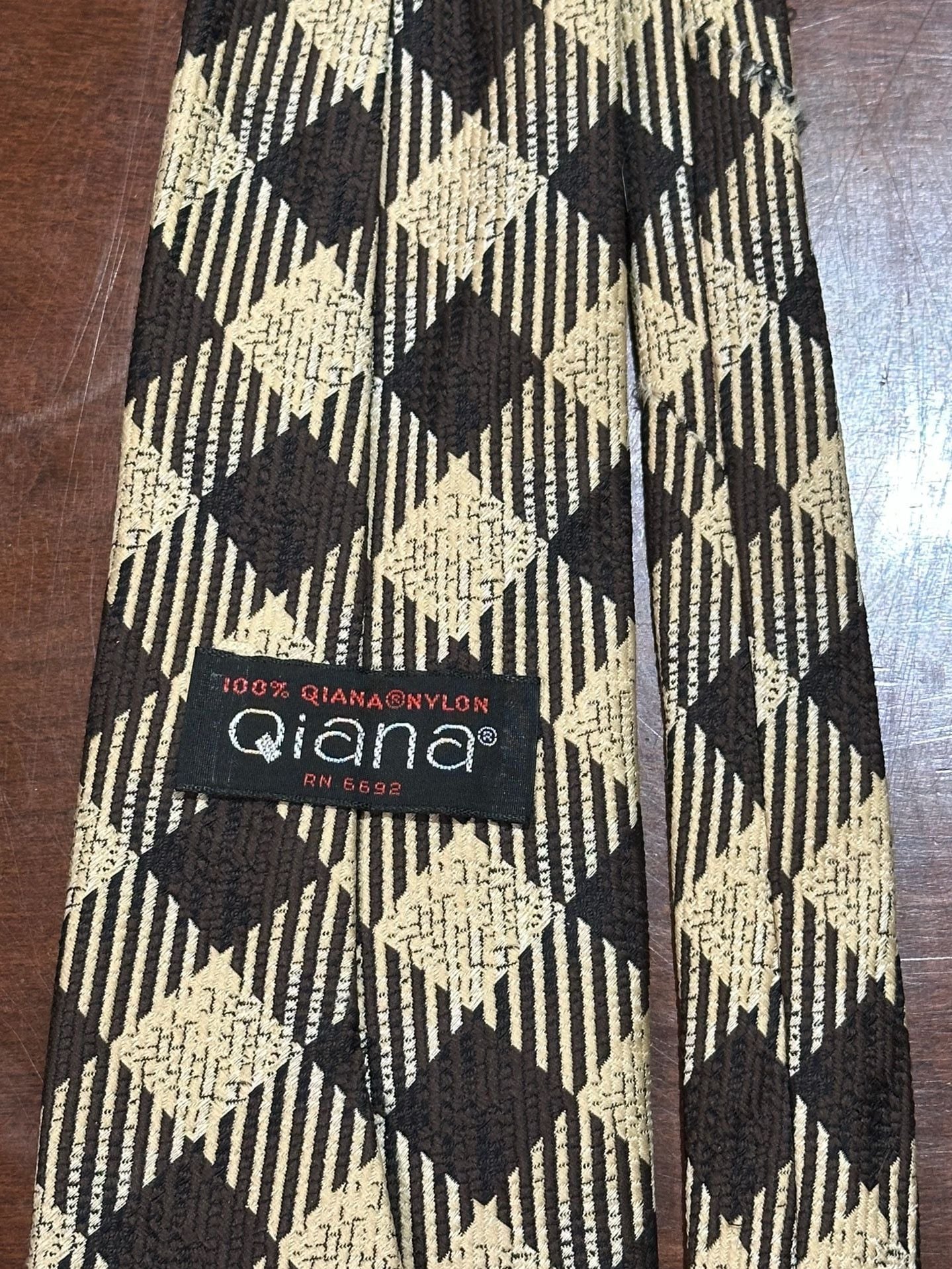 Qiana Necktie Brown Beige Diamond Check Pattern Vintage 3