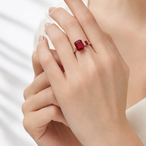 Gem Stone King Emerald-Cut Ruby Ring Size 7 Silver Red Created Ruby