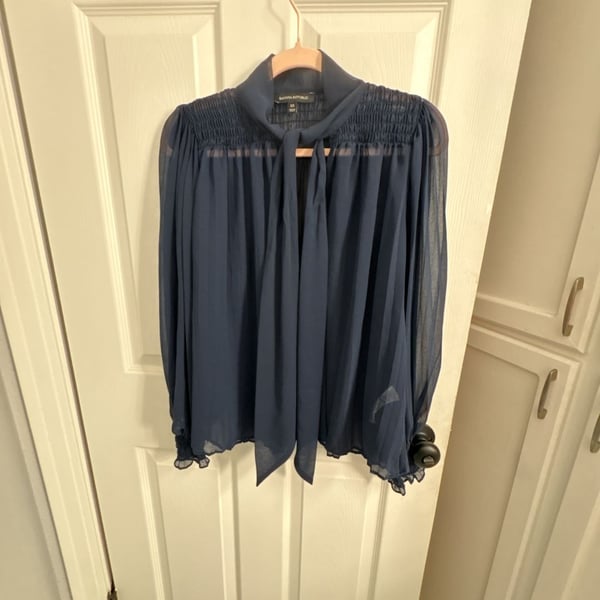 Banana Republic Tie-Neck Blouse Size XS Navy Sheer Long Sleeve