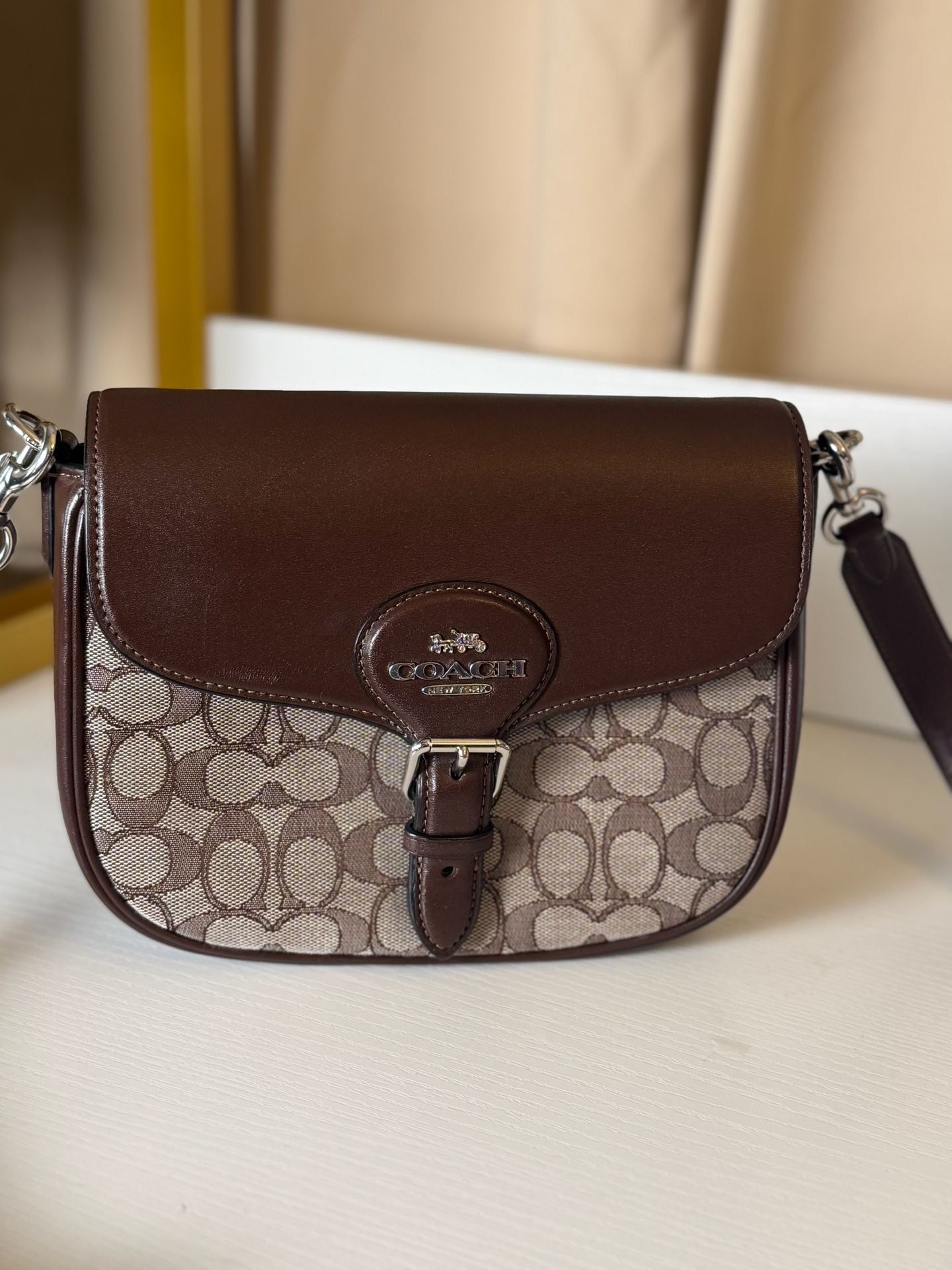 Coach Amelia Saddle Bag In Signature Jacquard Brown 3