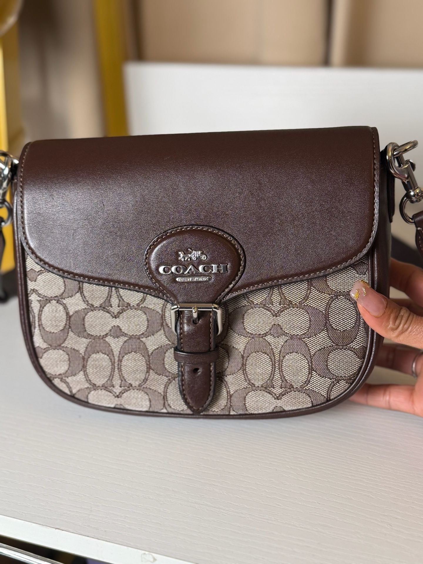 Coach Amelia Saddle Bag In Signature Jacquard Brown 10
