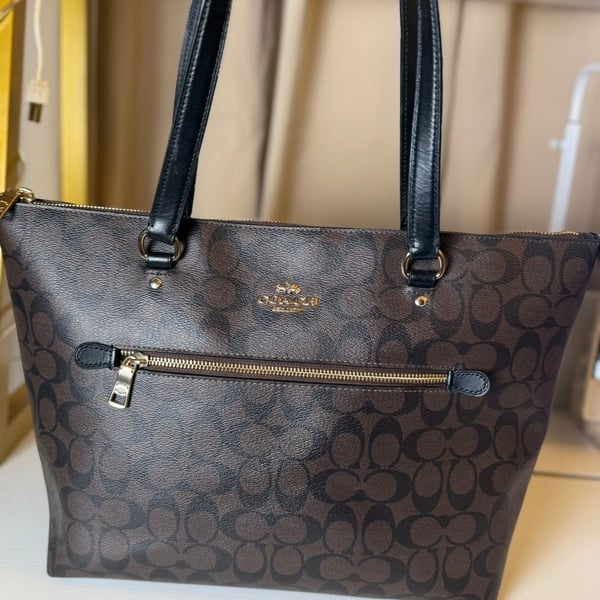 Coach Gallery Tote F79609 Brown Black Signature Canvas Shoulder Bag