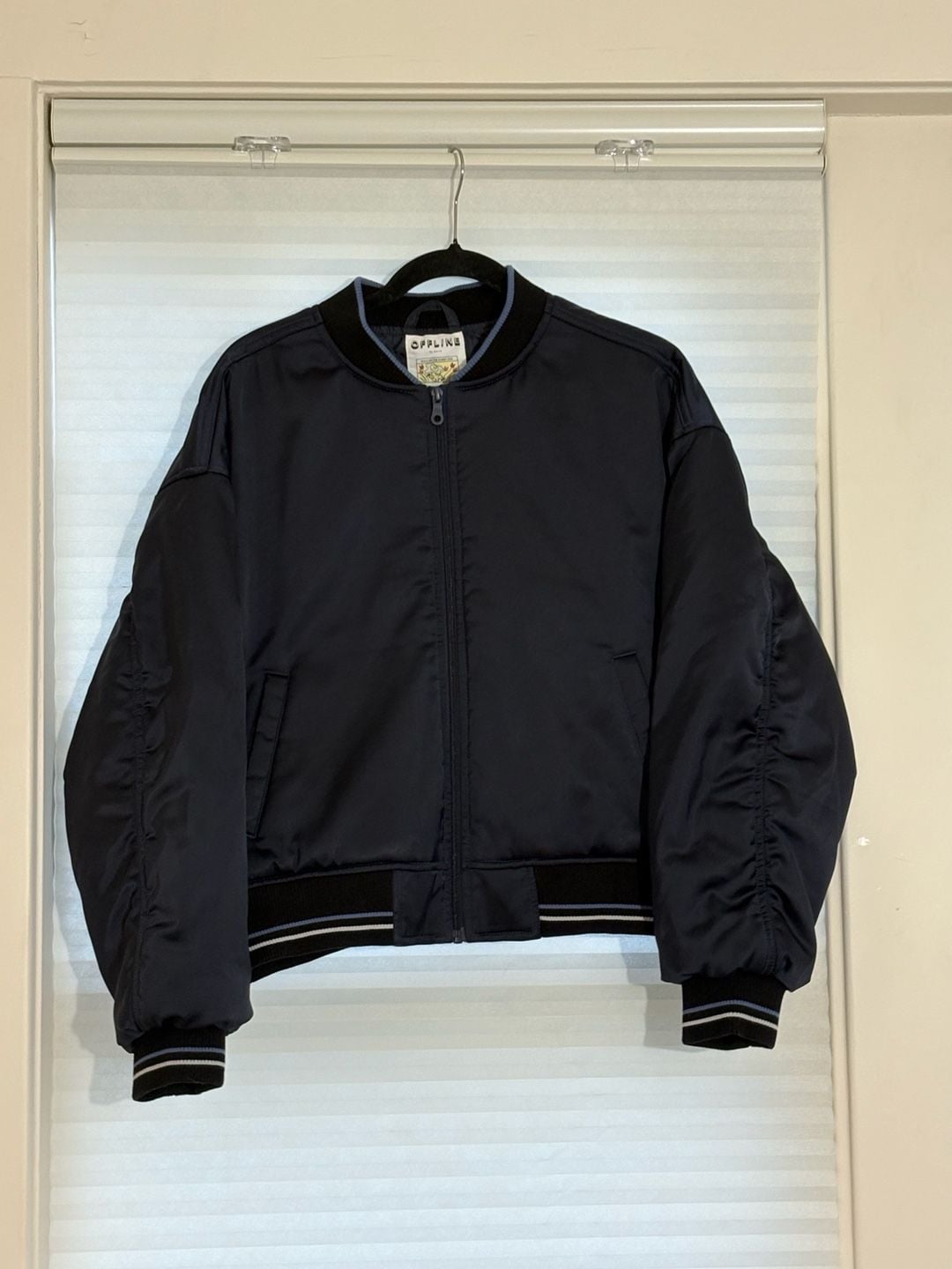 Offline by Aerie Bomber Jacket Size L Navy Full Zip Satin 2