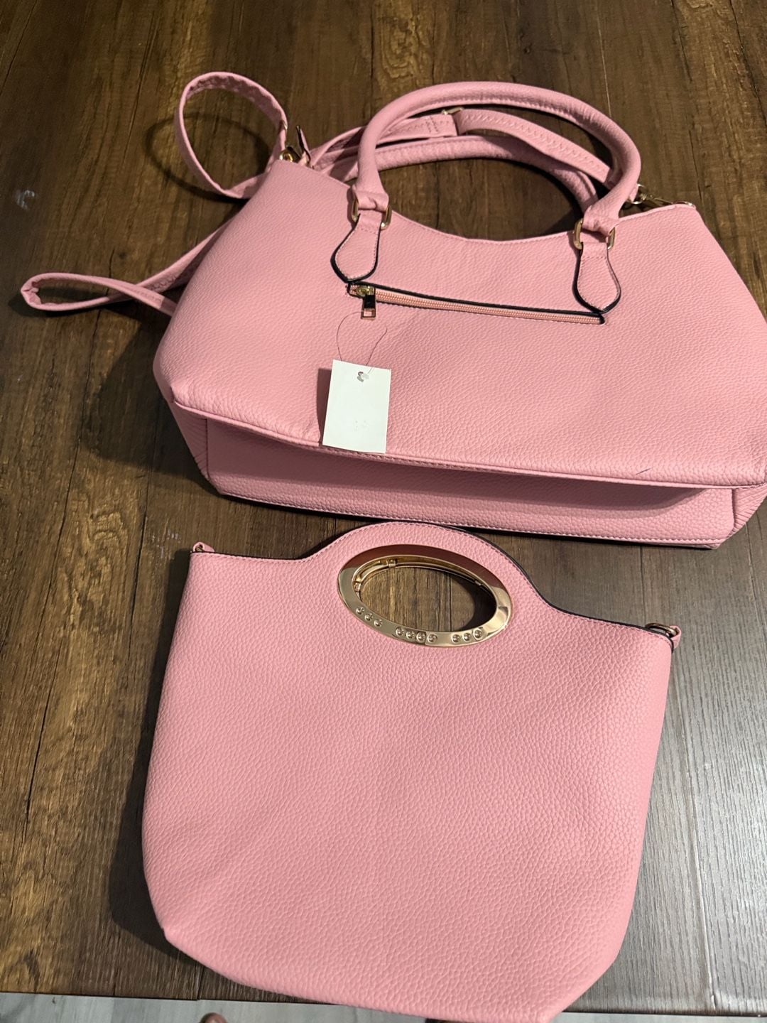 Pink Tote Bag Set with Crystal Round Handle and Matching Pouch 7