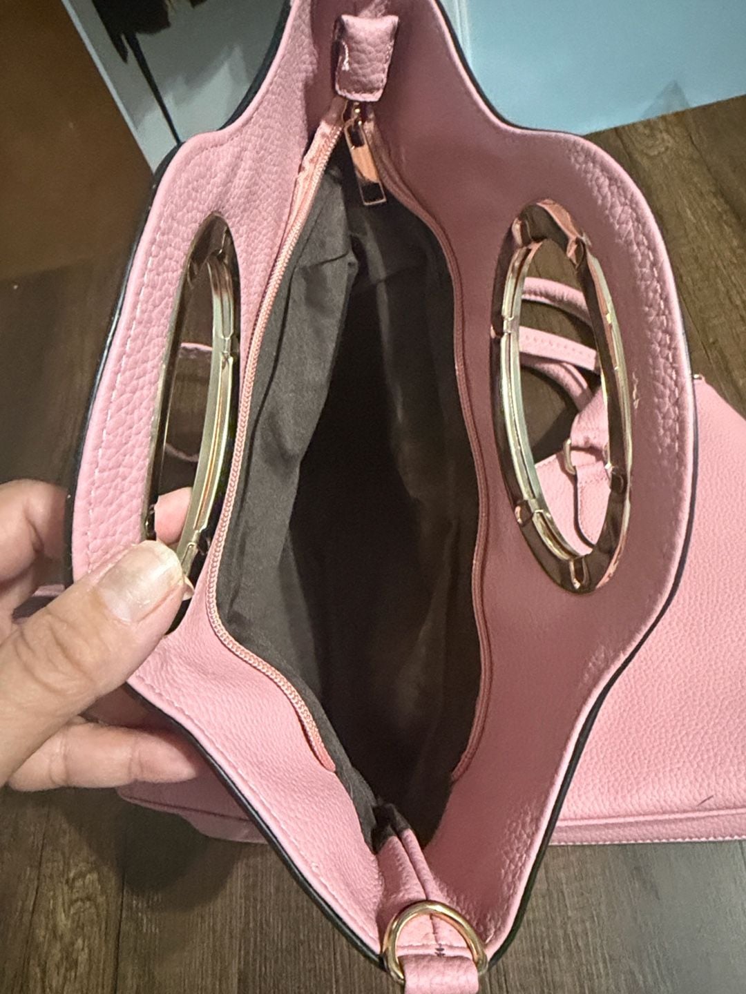 Pink Tote Bag Set with Crystal Round Handle and Matching Pouch 8