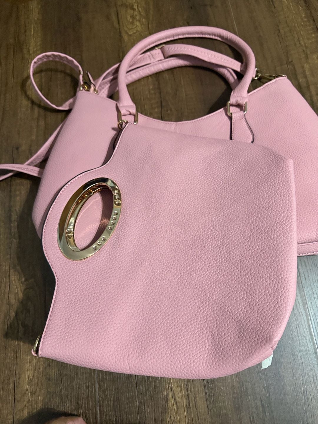 Pink Tote Bag Set with Crystal Round Handle and Matching Pouch 9
