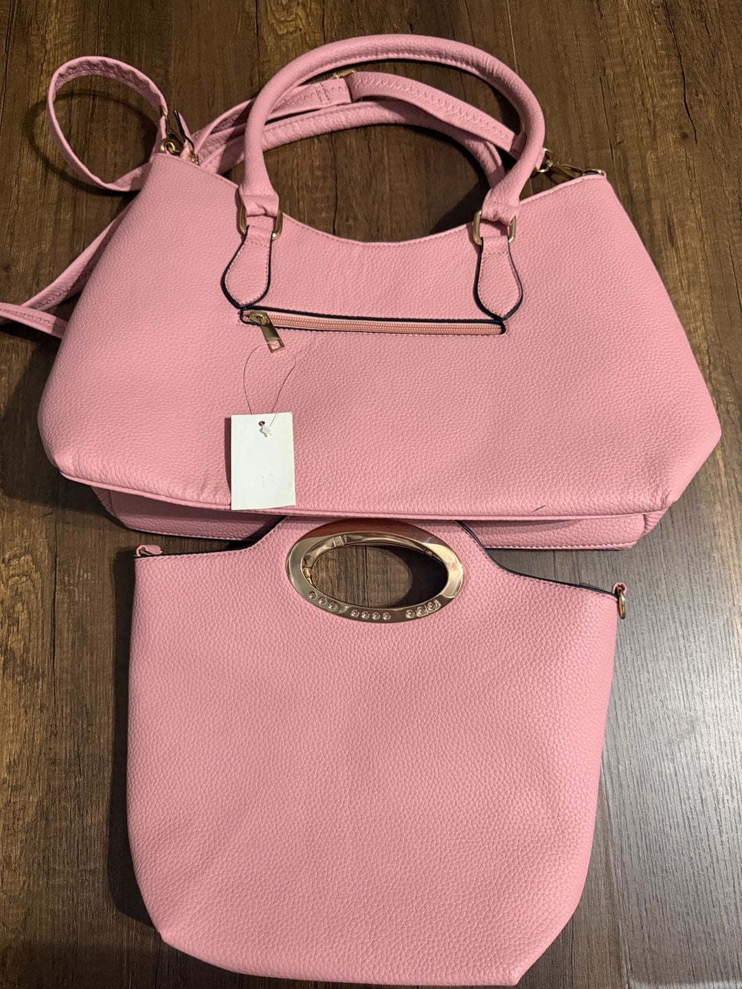 Pink Tote Bag Set with Crystal Round Handle and Matching Pouch 10