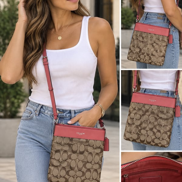 Coach Signature Canvas Crossbody Bag Tan Coral Pink #12V1026