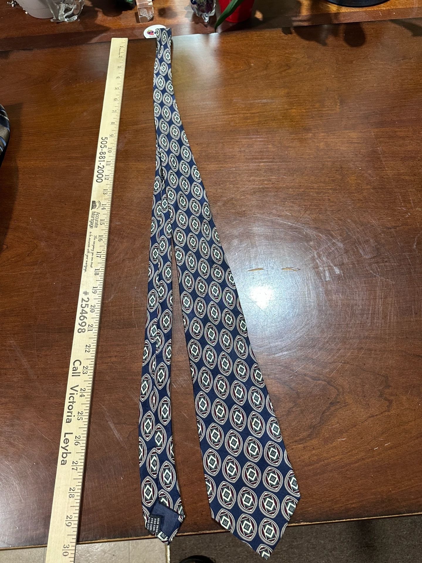 WOODWARD Silk Tie Navy Blue Geometric Medallion 100% Seta 1