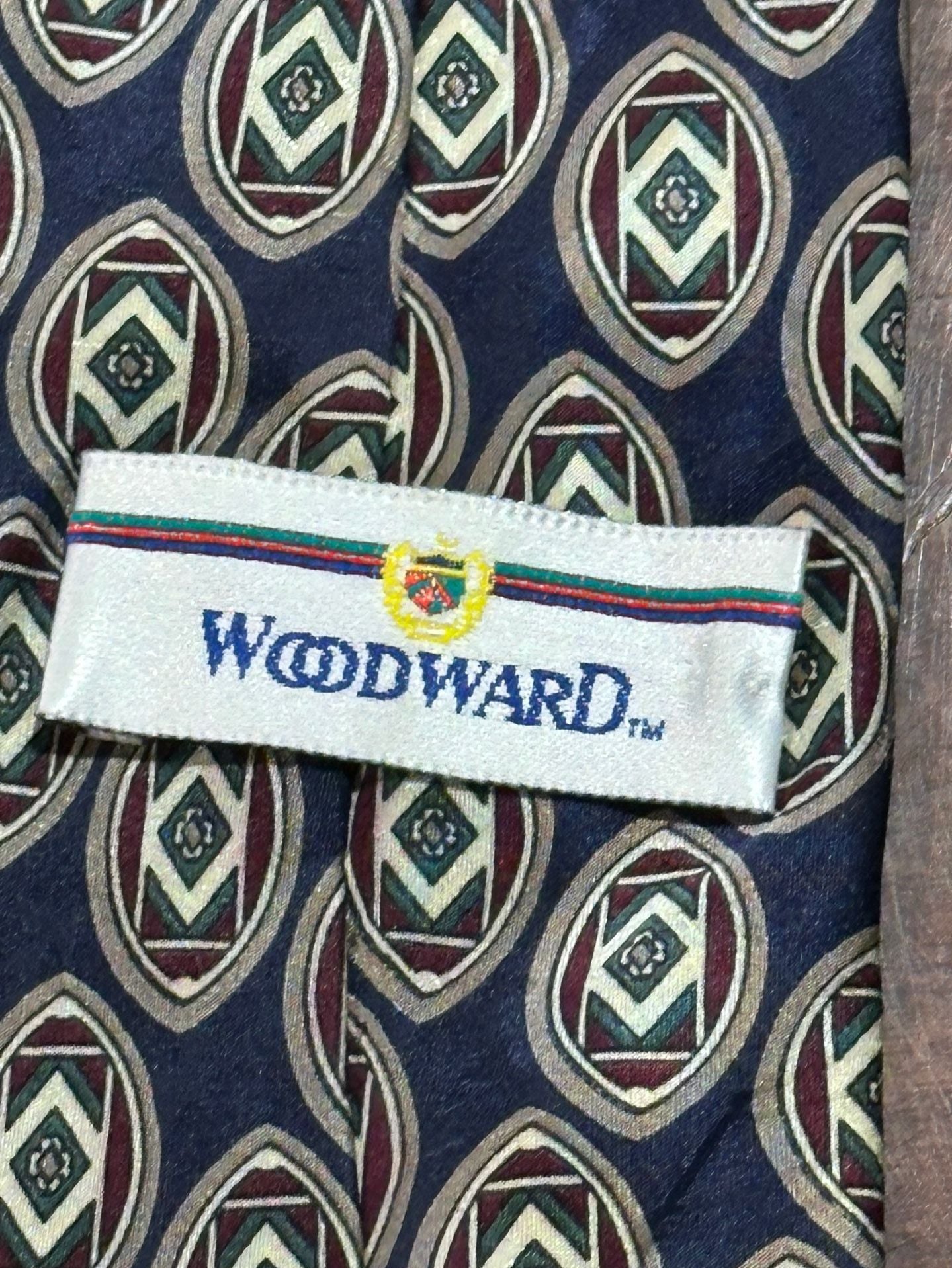 WOODWARD Silk Tie Navy Blue Geometric Medallion 100% Seta 4