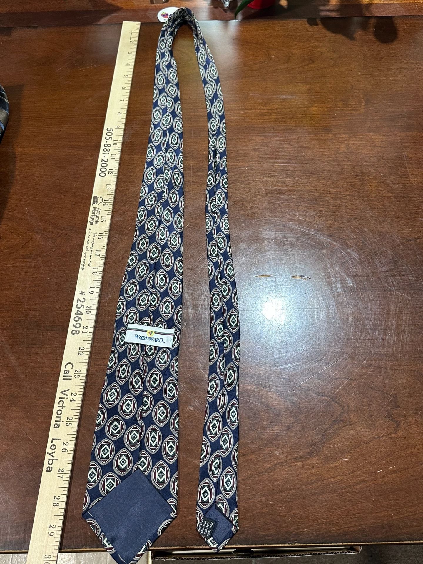 WOODWARD Silk Tie Navy Blue Geometric Medallion 100% Seta 3