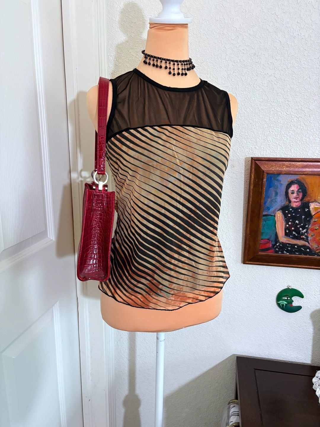 Vintage Sheer Mesh Striped Tank Top Y2K Grunge Brown Black 2