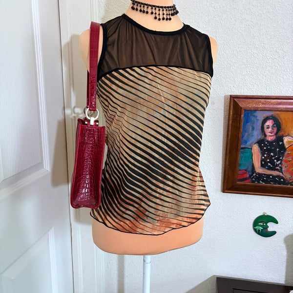 Vintage Sheer Mesh Striped Tank Top Y2K Grunge Brown Black