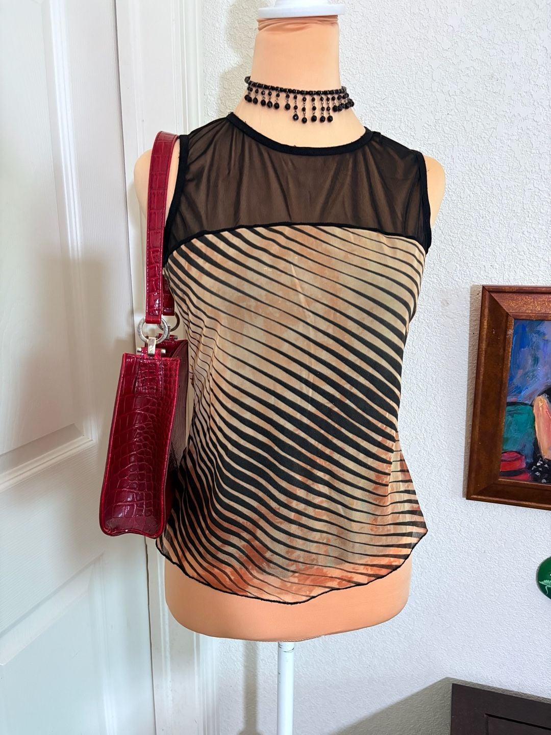 Vintage Sheer Mesh Striped Tank Top Y2K Grunge Brown Black 3
