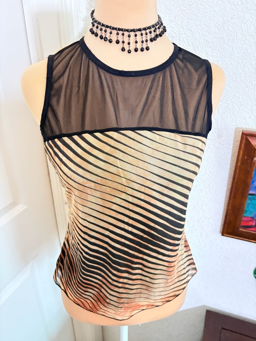 Vintage Sheer Mesh Striped Tank Top Y2K Grunge Brown Black 4